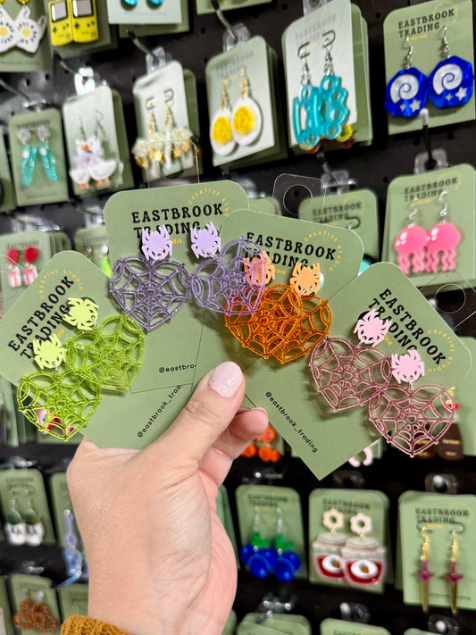 Spooky web heart earrings